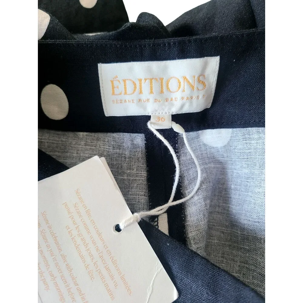 Sézane Tymo Linen Wide Leg Polka Dot Pants Black Ecru Size 36 US 4 NWT
